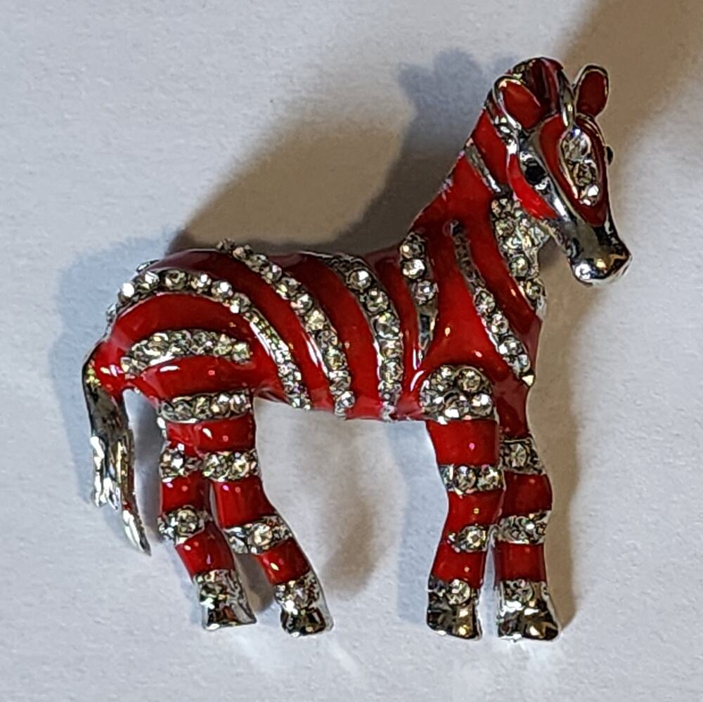 Red Enamel & Rhinestone Zebra Brooch on Silver Tone Metal